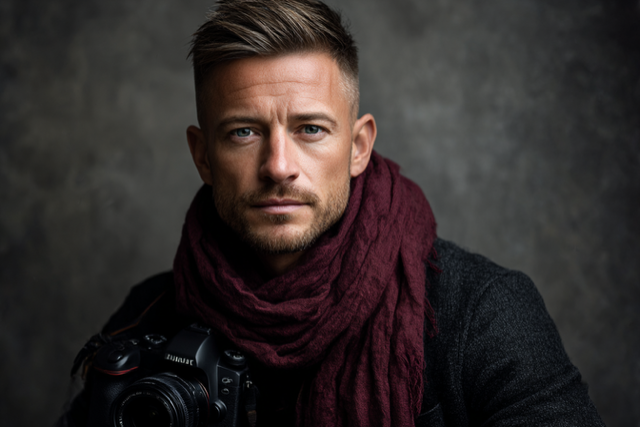 portrait eines fotografen mit seiner kamera in der hand