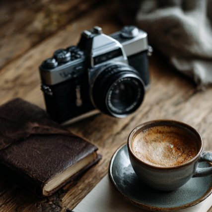 stilleben kamera mit notizbuch und kaffee