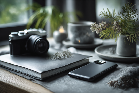 stillleben mit kamera und notizbuch